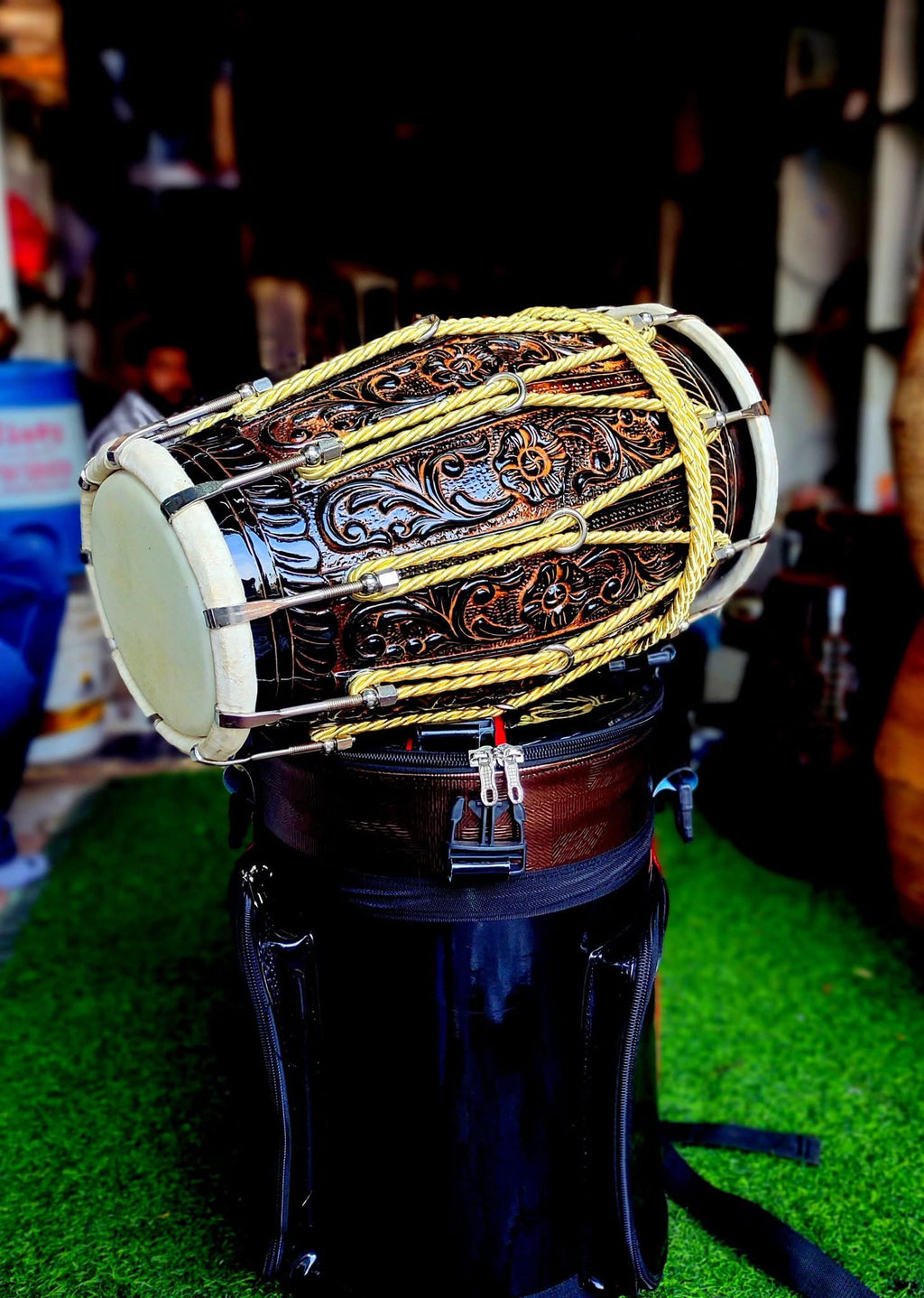 Higher-end, fully carved professional Dholak with bag
