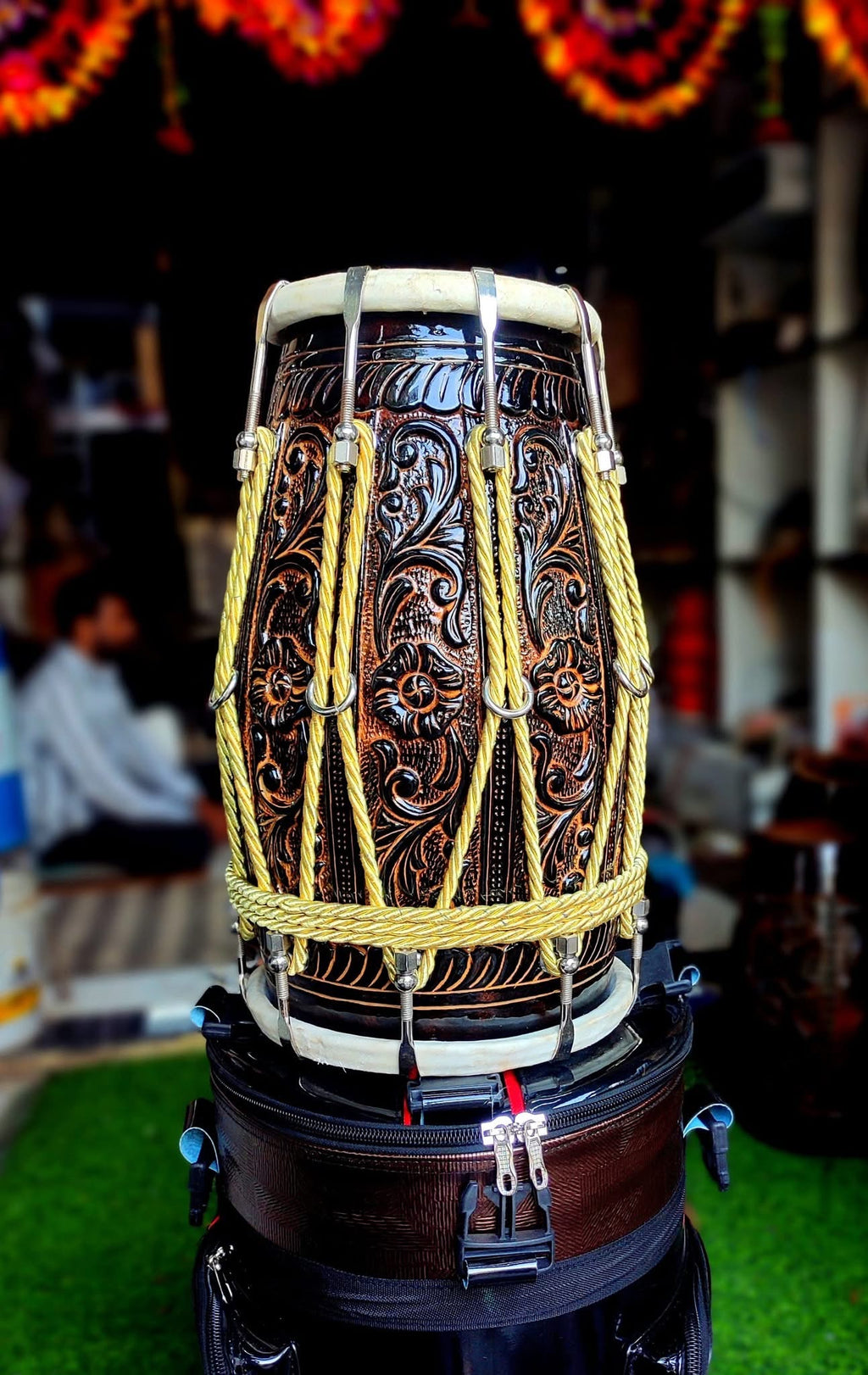 Higher-end, fully carved professional Dholak with bag