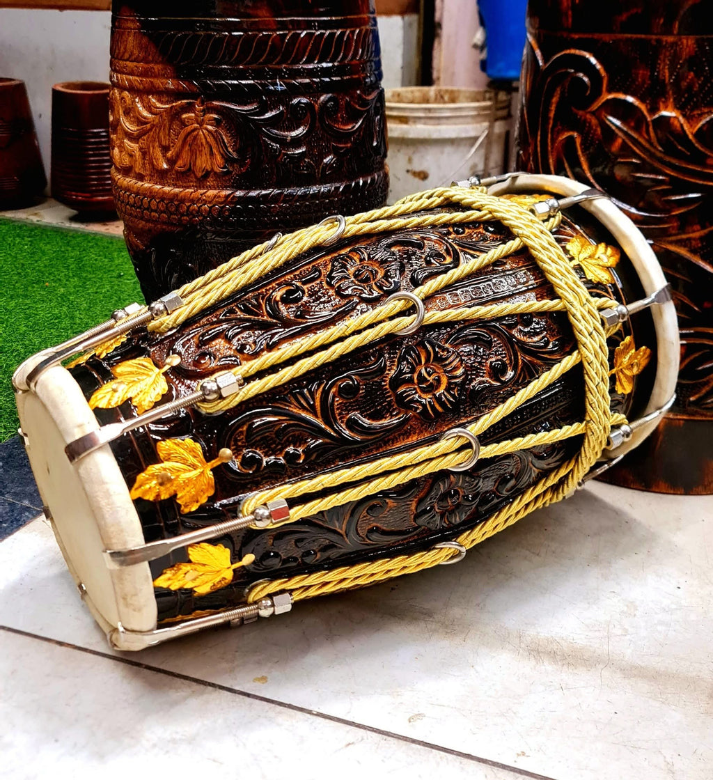 Higher-end, fully carved professional Dholak with bag