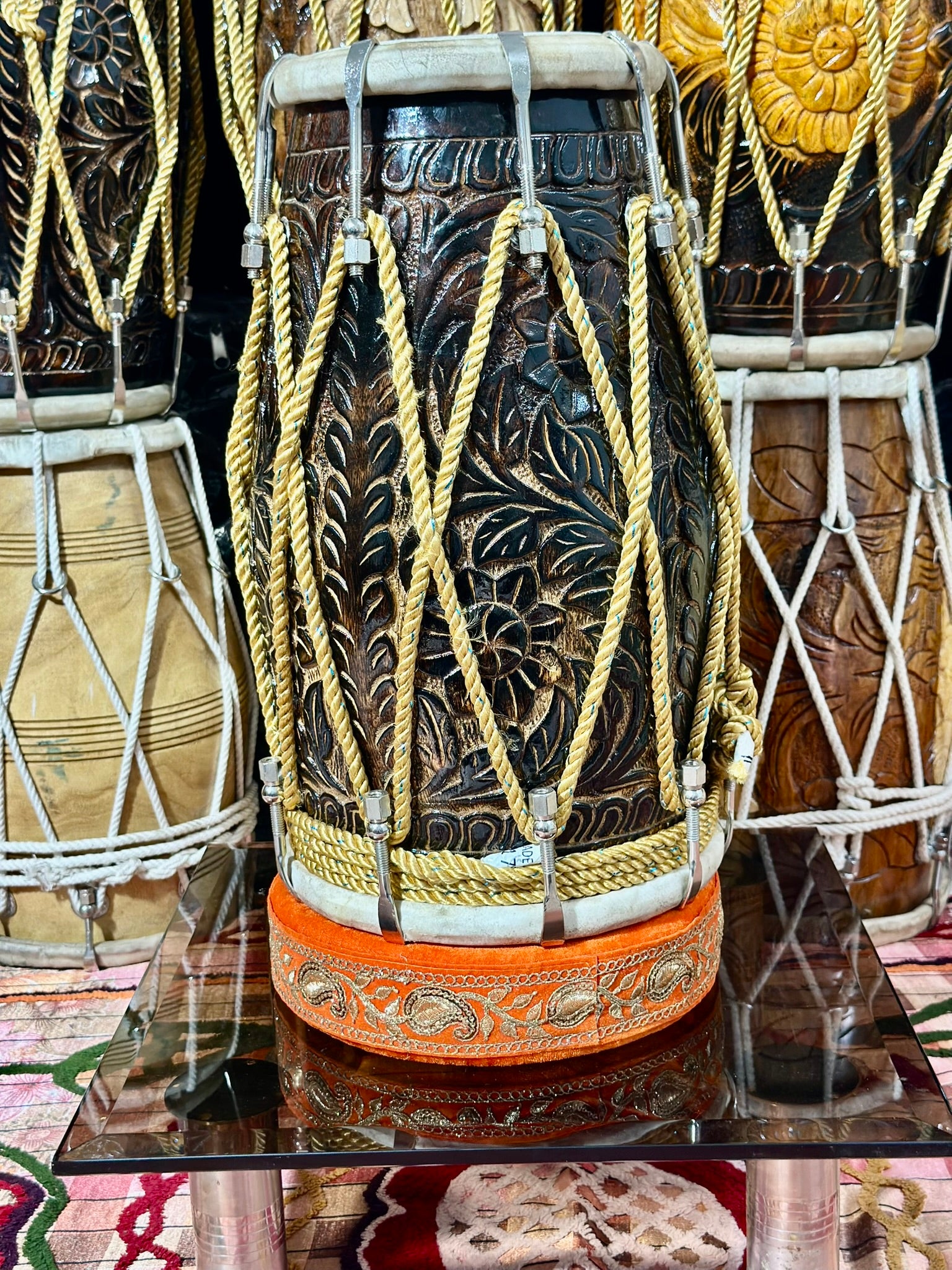 Premium Hand Carved Wooden Dholak Drum | Dark Polish