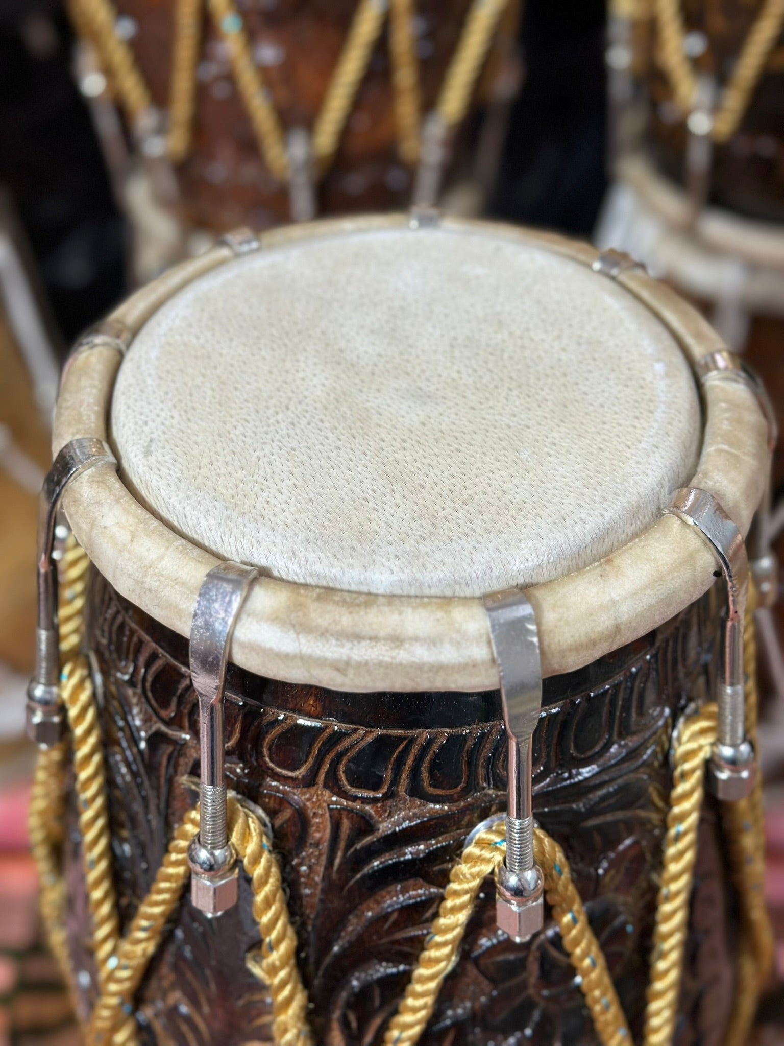 Premium Hand Carved Wooden Dholak Drum | Dark Polish