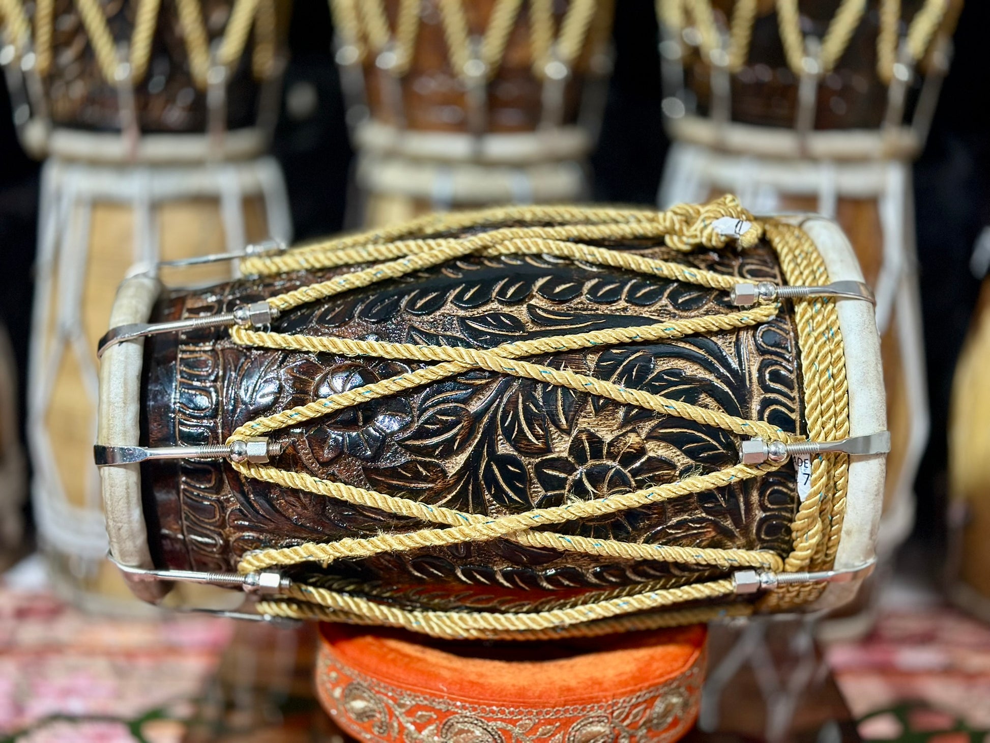 Premium Hand Carved Wooden Dholak Drum | Dark Polish