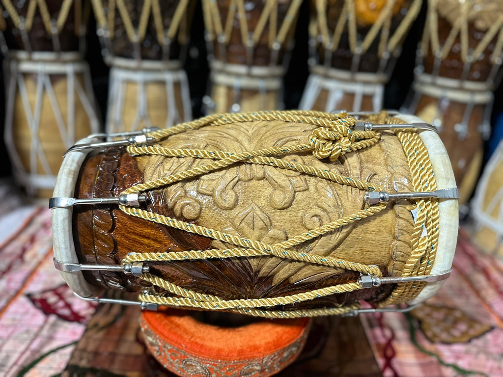 Handcrafted Light Brown Wooden Dholak | Carved Design