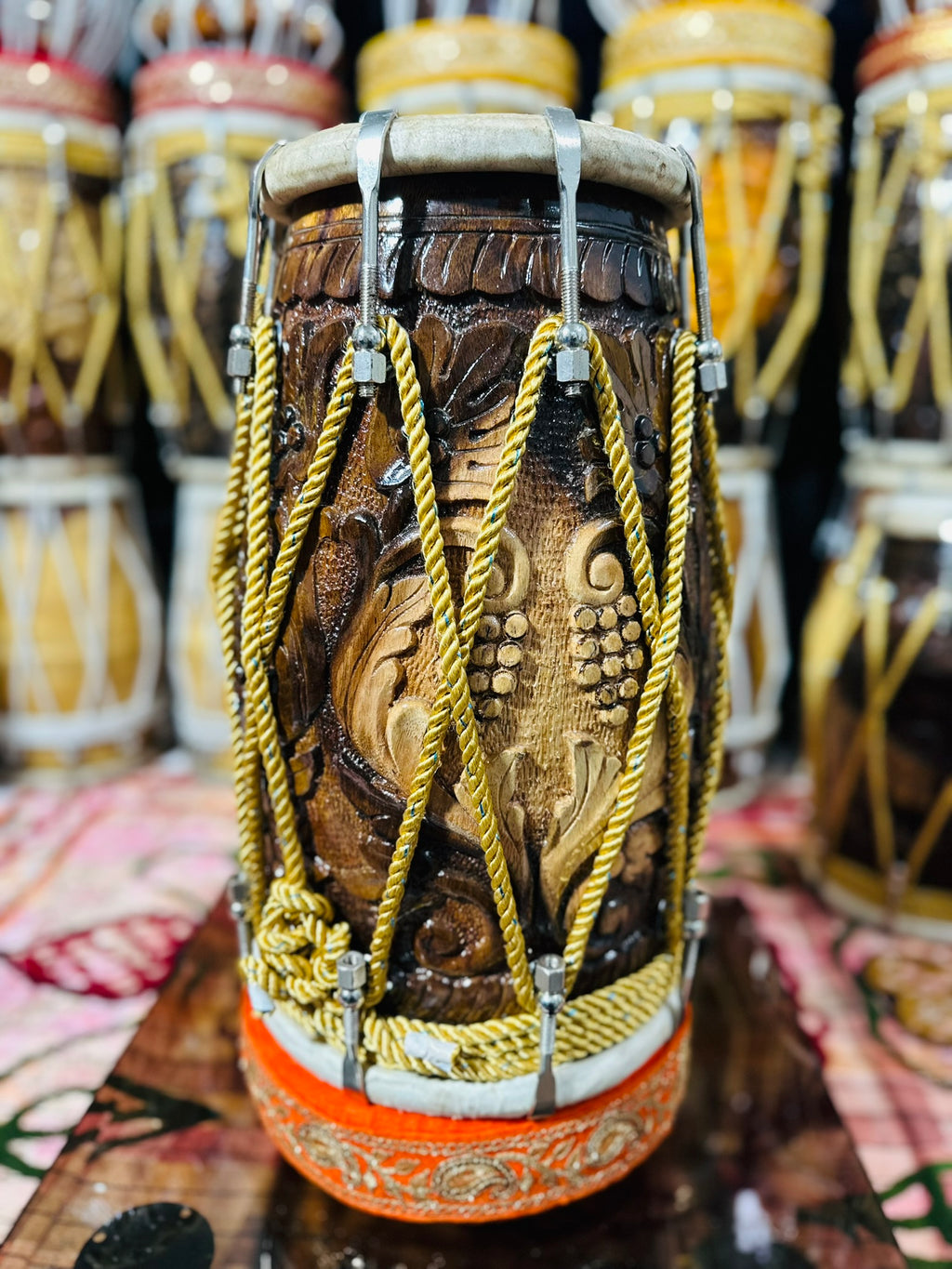 Premium Butterfly Brass Inlay Carved Dholak | Handcrafted Indian Folk Drum