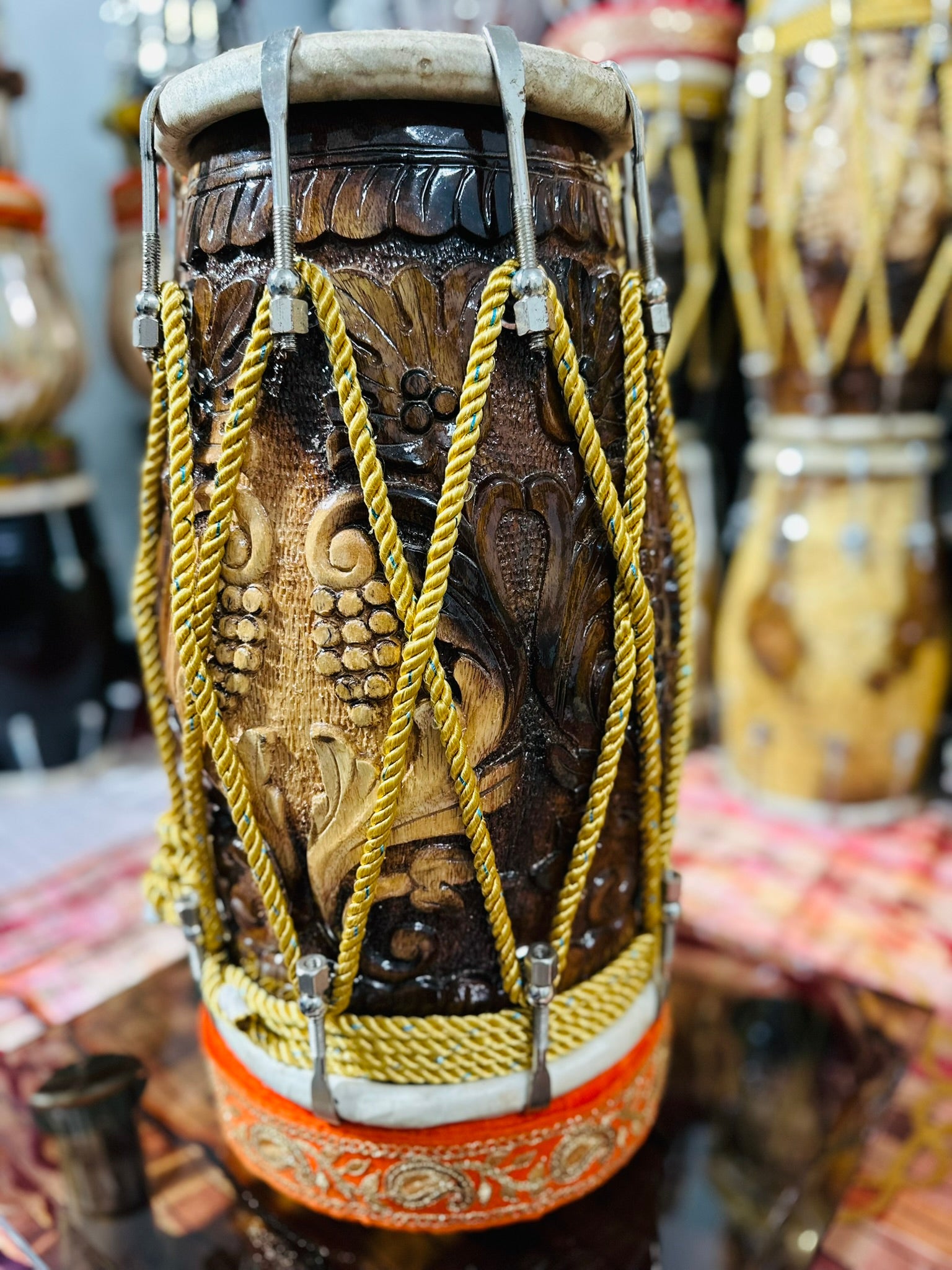 Premium Butterfly Brass Inlay Carved Dholak | Handcrafted Indian Folk Drum