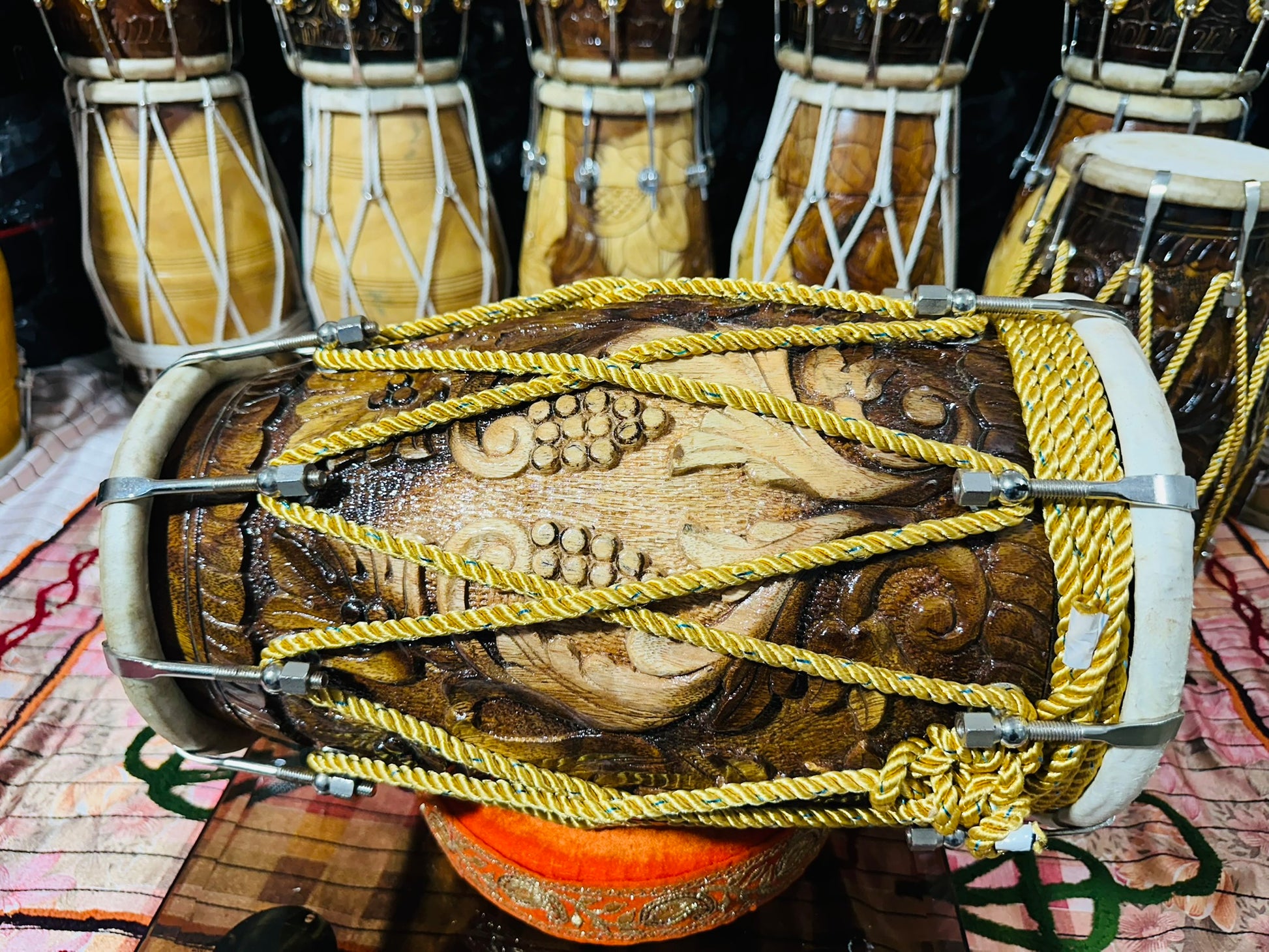 Premium Butterfly Brass Inlay Carved Dholak | Handcrafted Indian Folk Drum