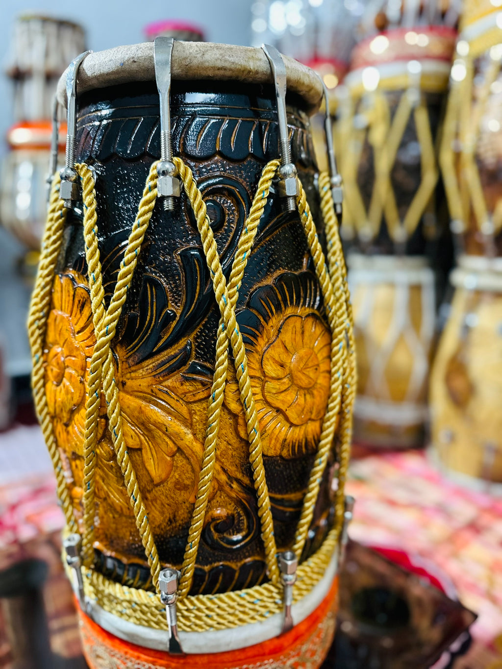 Handcrafted Flower carved Wooden Dholak | Dual Tone Polish