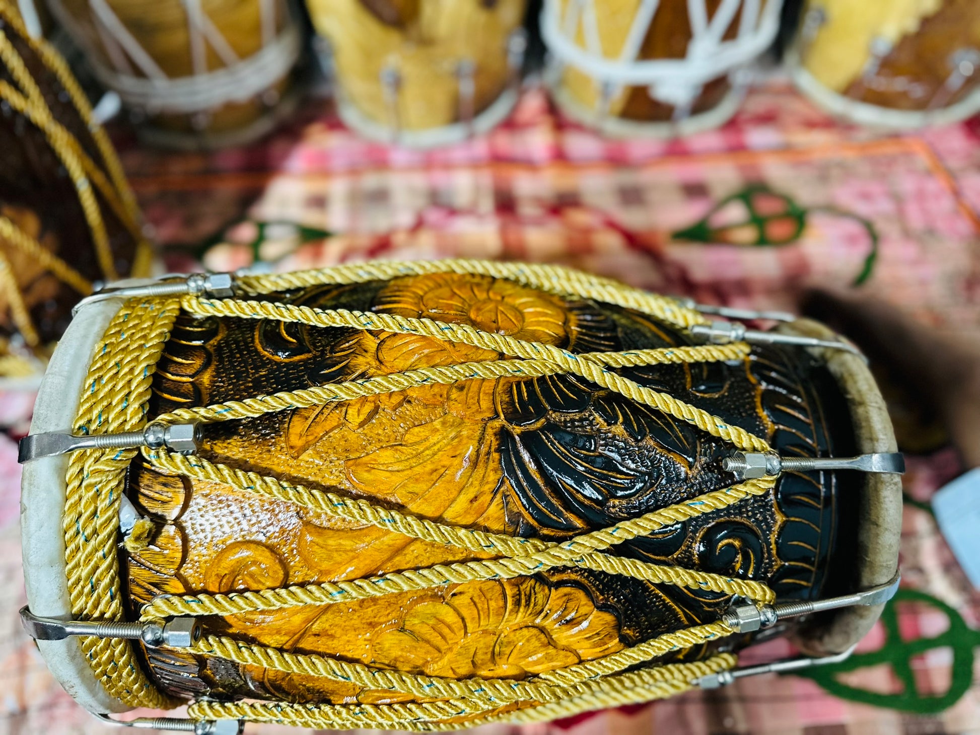 Handcrafted Flower carved Wooden Dholak | Dual Tone Polish