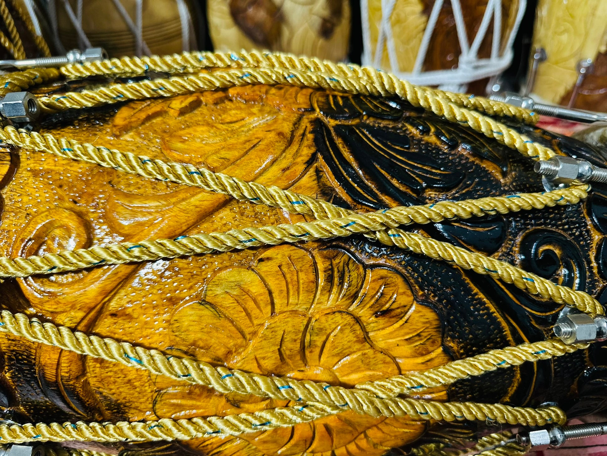 Handcrafted Flower carved Wooden Dholak | Dual Tone Polish