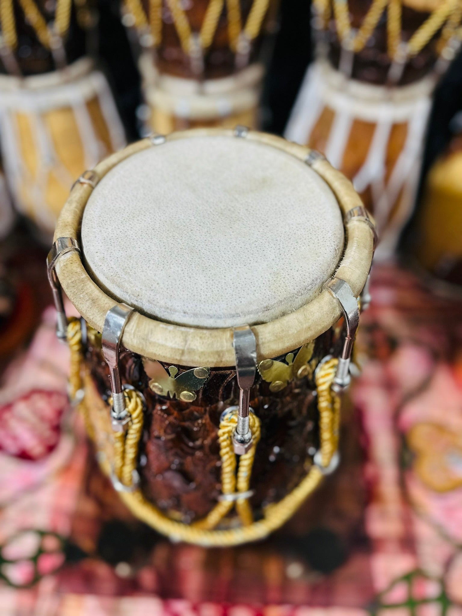 Handcrafted Carved Sheesham Wood Dholak – Professional Quality Double-Head Drum with Brass Inlay & Rope Tuning