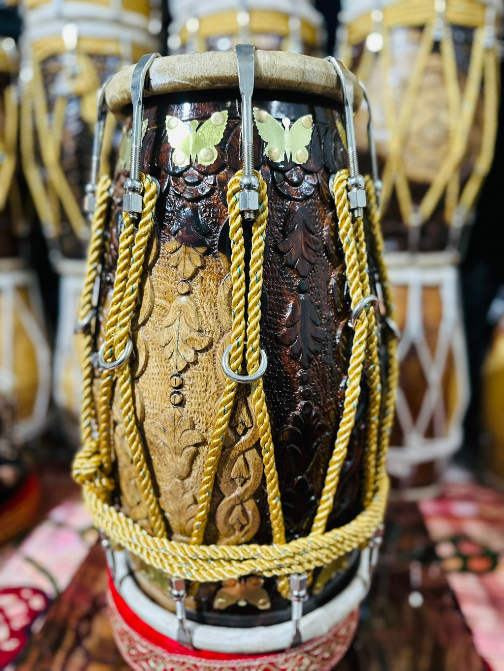 Handcrafted Carved Sheesham Wood Dholak – Professional Quality Double-Head Drum with Brass Inlay & Rope Tuning