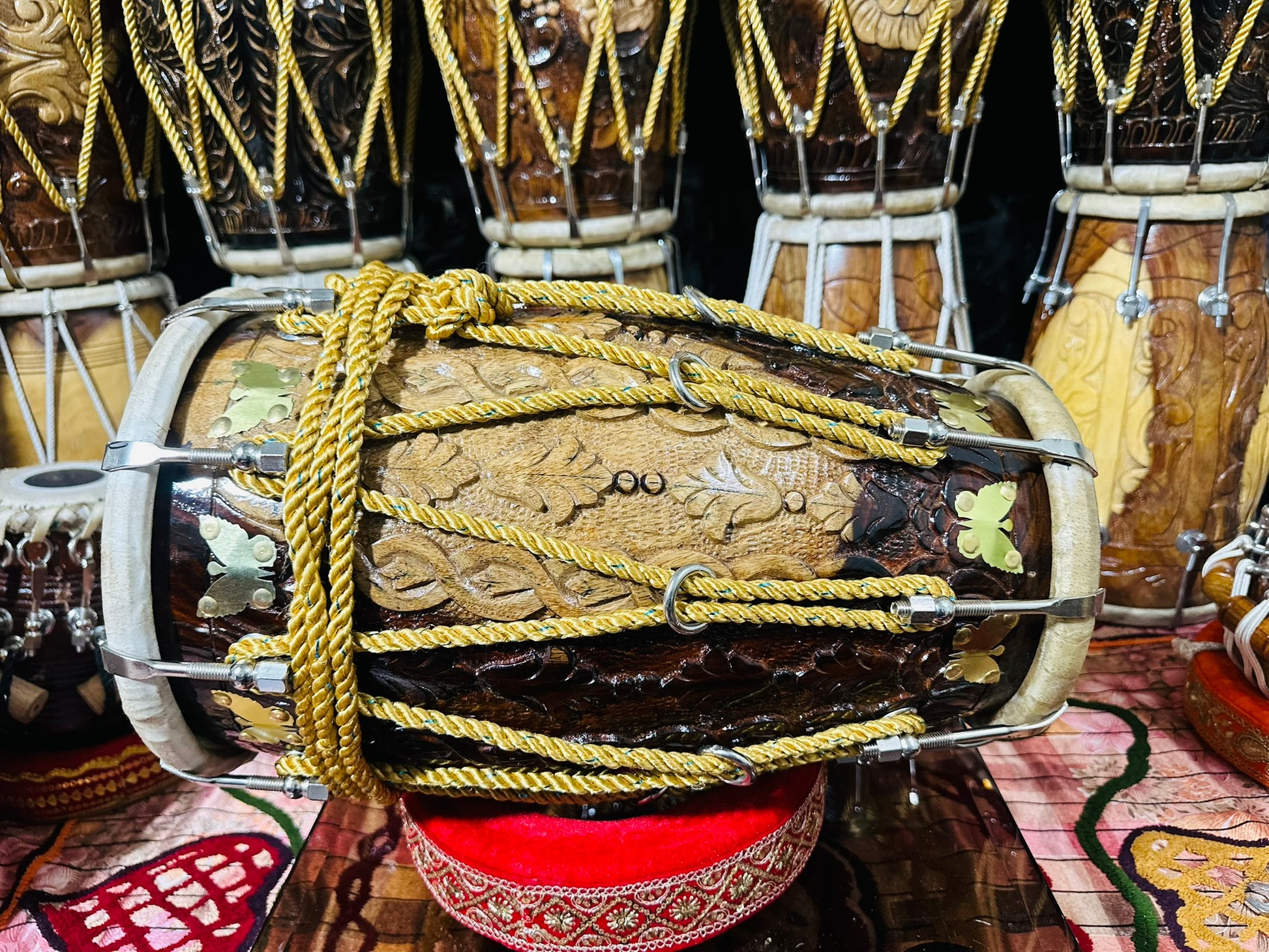 Handcrafted Carved Sheesham Wood Dholak – Professional Quality Double-Head Drum with Brass Inlay & Rope Tuning