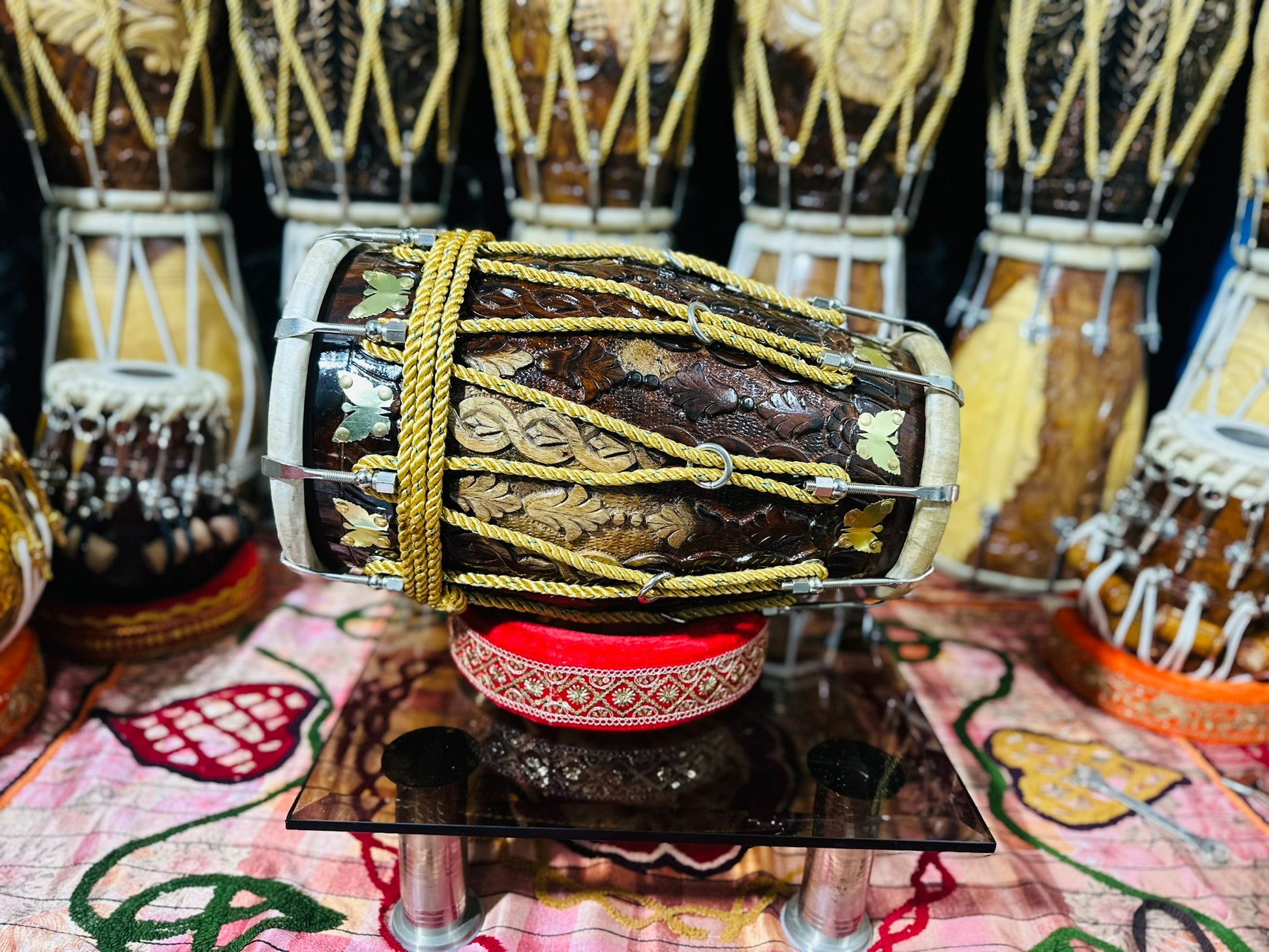 Handcrafted Carved Sheesham Wood Dholak – Professional Quality Double-Head Drum with Brass Inlay & Rope Tuning