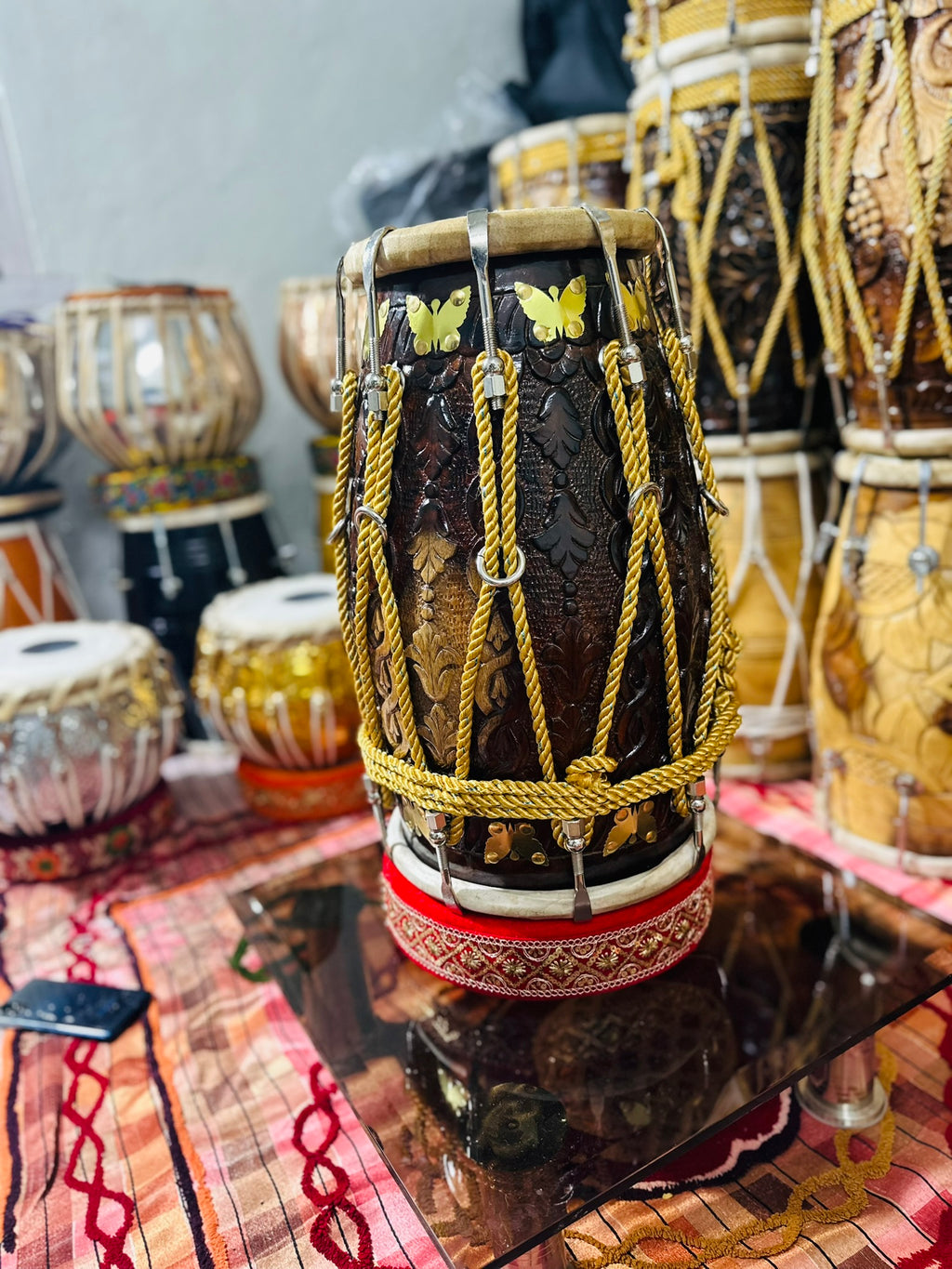 Handcrafted Carved Sheesham Wood Dholak – Professional Quality Double-Head Drum with Brass Inlay & Rope Tuning