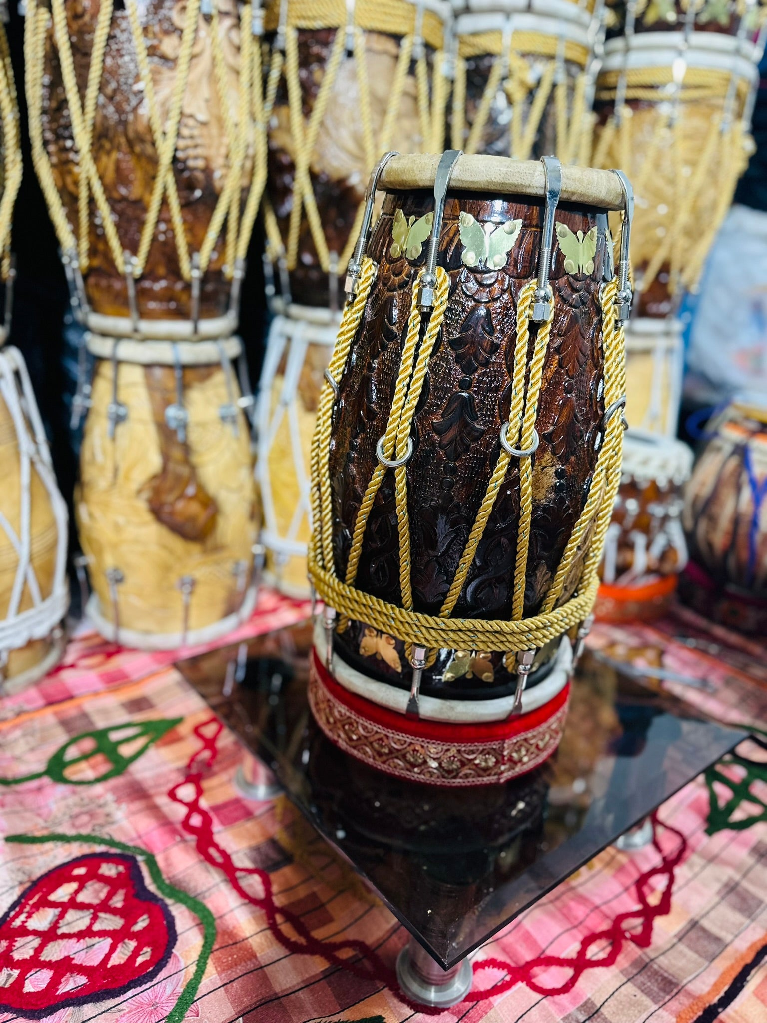 Handcrafted Carved Sheesham Wood Dholak – Professional Quality Double-Head Drum with Brass Inlay & Rope Tuning