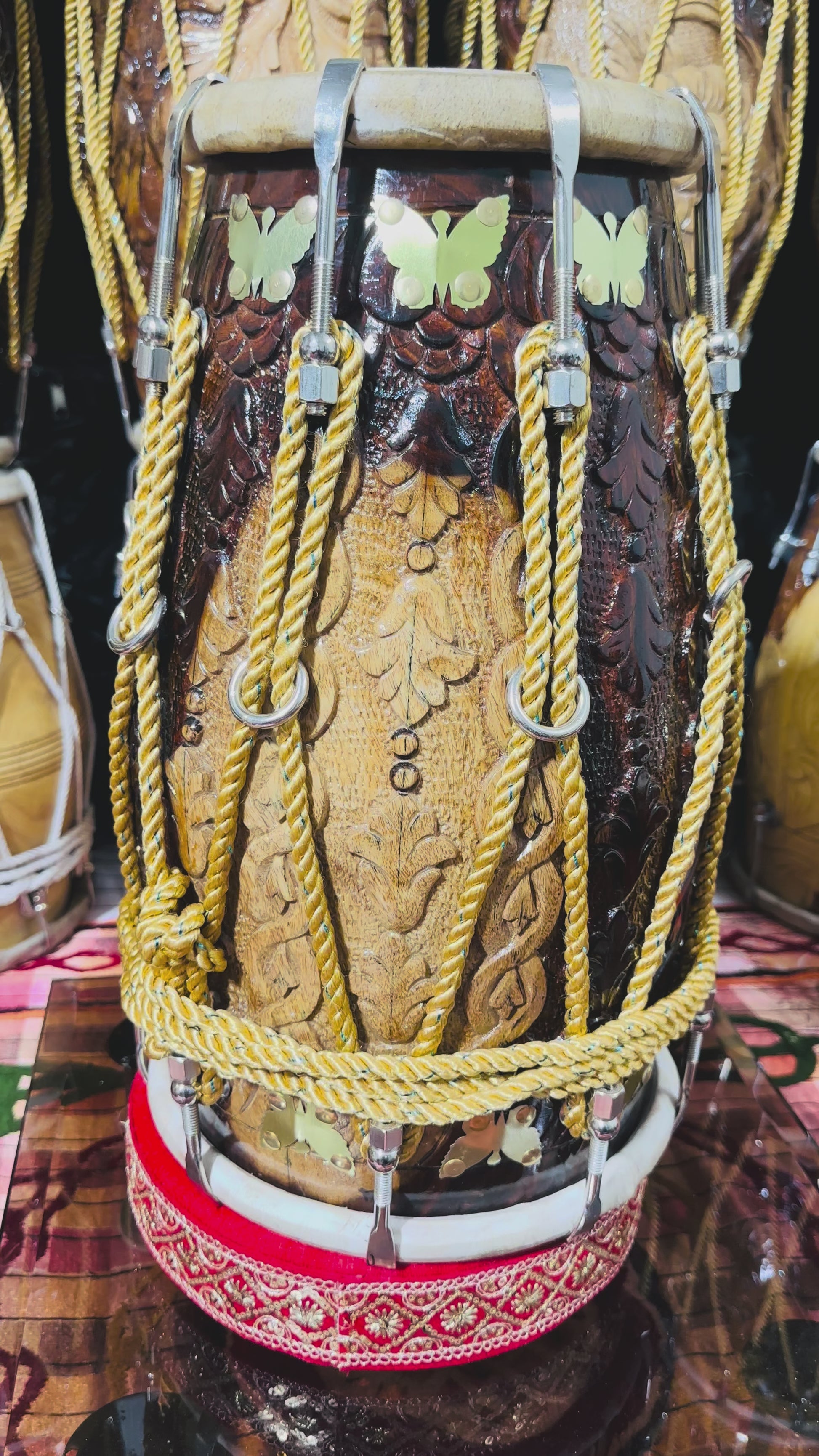 Handcrafted Carved Sheesham Wood Dholak – Professional Quality Double-Head Drum with Brass Inlay & Rope Tuning